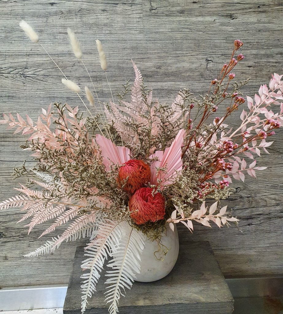 Dried Flowers In A Squat Pot Pinks Flower Deliveries Online