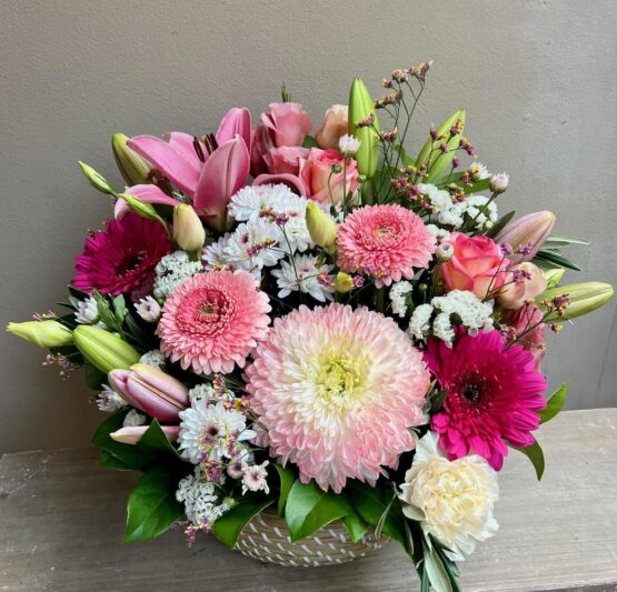 Valentines Basket full of Pink and White Blooms