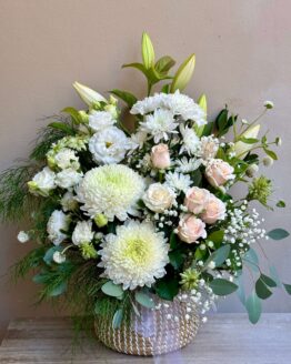 Crisp White, Cream and Greens Basket Arrangement
